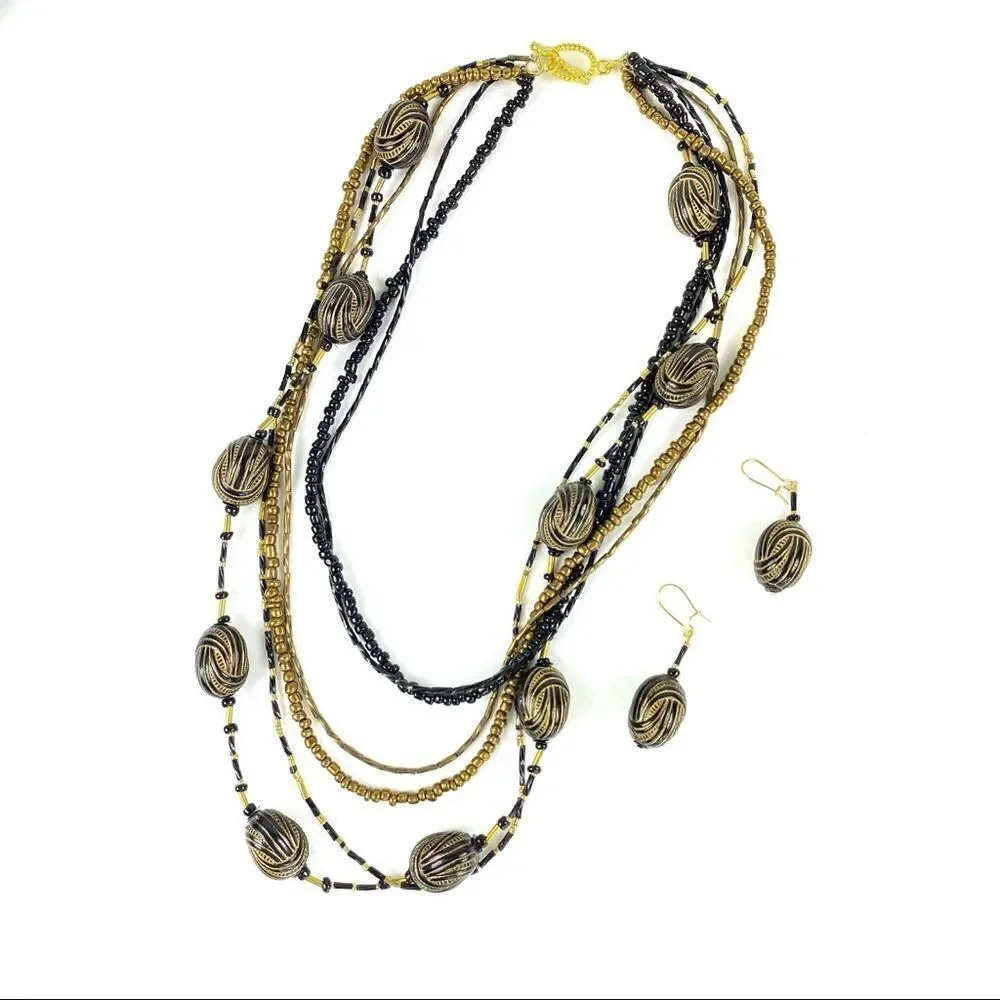 Boho Multi Strand Necklace & Earrings‎ Black Gold